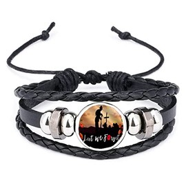 Lest We Forget Poppy Soldier Military Black Leather Bracelet And Velvet Gift Bag, one size fits all