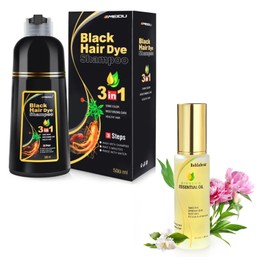 BOJICA Bablabear Essential Hair Oil Hair Strengthening Serum and Black Hair Dye Shampoo 3 in 1 Bundle Set
