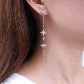 TseenYi Crystal North Star Dangle Earrings Long CZ Star Tassel Earrings Silver Star Chain Earrings Rhinestone Starburst Earrings Long Chain Fringe Earrings Jewelry for Women and Girls