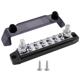 Ampper Power Distribution Block Bus Bar 12V, 2 x M10 (3/8") Studs & 12 x M4 (#8) Screws, 6.3" 300A Marine BusBar Battery Distribution Block W/Cover for Car Boat Solar (Black)