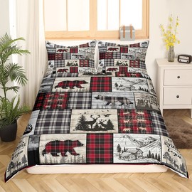 Rustic Cabin Duvet Cover Queen Woodland Wolf Deer Bear Bedding Set For Kids Adults,Red Black Buffalo Plaid Comforter Cover Wildlife Camping Lodge Mountain Bed Set Southwestern Farmhouse Decor
