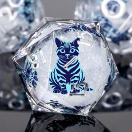 KERWELLSI Cat DND Dice Set, 7pcs Liquid Core Role Playing Game Dice with Gift Box, Polyhedral Resin Sharp Edged D and D Dice Set with Gift Box D20 D12 D10 D8 D6 D4, White and Blue Cat