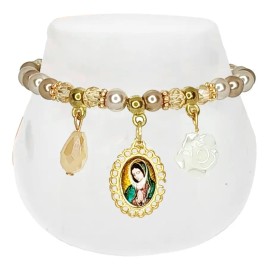 12 Pulseras Beige Recuerdo Bautizo Comunion Virgen Guadalupe