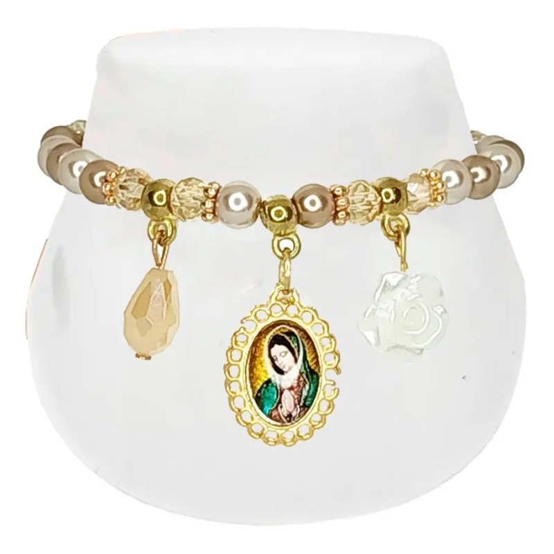 12 Pulseras Beige Recuerdo Bautizo Comunion Virgen Guadalupe