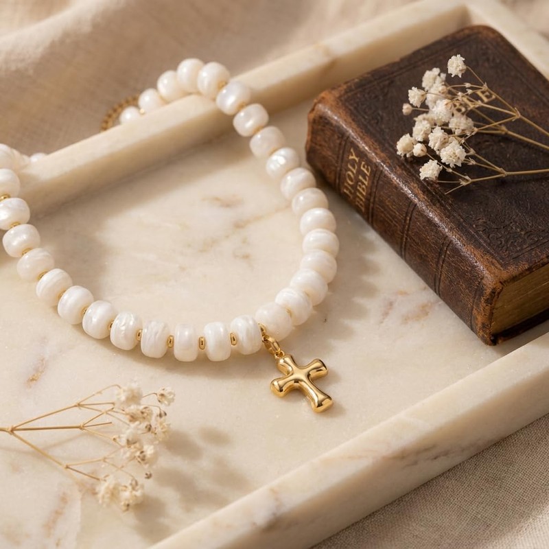 Frigotine Chunky Cross Necklace for Women, White Beaded Boho Summer