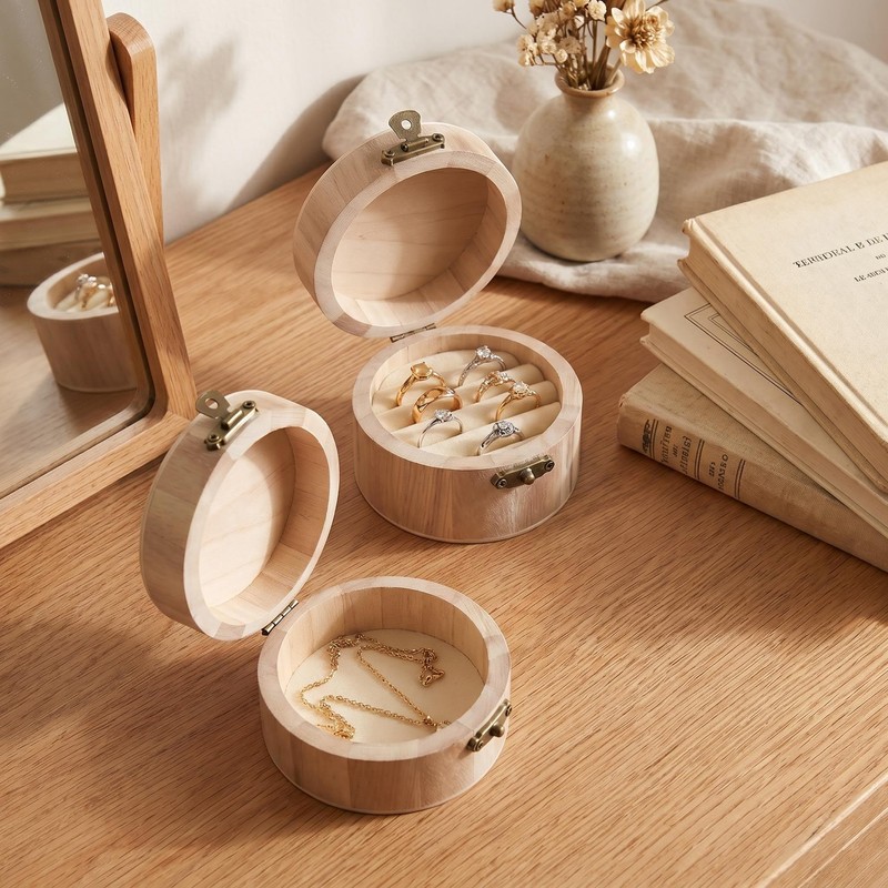 BRYHZKCM 2Pcs Round Wooden Box with Lid Lock, Wedding Ring