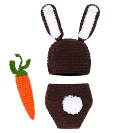 Newborn Photography Props Baby Boy Girl Easter Bunny Crochet Knitted Costume Rabbit Beanie Hat Set Diaper Accessory (Hat + Brown Shorts + Carrot)