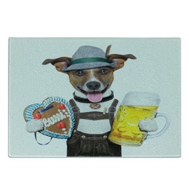 Lunarable Oktoberfest Cutting Board, Oktoberfest Dog with Beer Mug and Gingerbread Heart Smiling Happy Times Art, Decorative Tempered Glass Cutting and Serving Board, Small Size, Yellow Brown