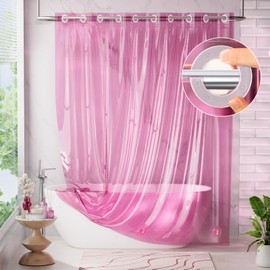 AmazerBath No Hook Shower Curtain and Liner 3-in-1, 8G Luxury Heavy Duty Clear Hot Pink No Hook Shower Curtain Liner, 72x75 Cute EVA Bathroom Weighted Plastic Shower Curtain with 3 Heavyweight Stones