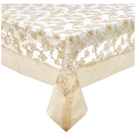 Violet Linen Ribbon Rose Mesh Pattern Seats 8 to 10 People, Polyester, Wire Lace Embroidery with Border, Rectangular Tablecloth, 70" X 108", Ivory
