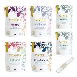 Avazera Wellness Loose Leaf Tea Blends Set (7 Pack) includes biodegradable Tea filters + Adjustable Measuring Spoon