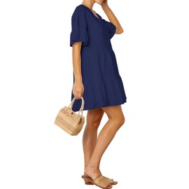 FANCYINN Women Summer Shift Dress with Pockets Bell Sleeve Ruffle Hem V Neck Loose Swing Tunic Mini Dress Navy Blue M