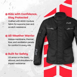 HWK Adventure Touring Motorcycle Jacket for Men, Water Resistant Cordura Textile Biker Jacket for Men, Durable and Stylish Moto Gear with CE Armor for Enduro Motorbike Riding - Black, XL