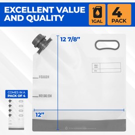 Collapsible Water Container Bottle 1 Gallon Jug – 4 Pack Water Bag Drink Pouches – Portable Empty Gallon Jugs Containers with Lids Caps - Plastic Water Tote Travel Camping & Hiking Hydration Canteens