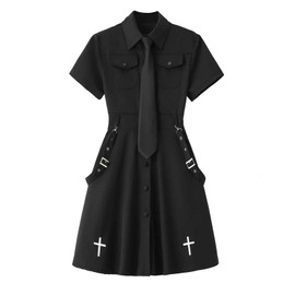 Gothic Black Summer Academy Tie Cross Black Retro Dress Harajuku Dress Emo Clothes (S,Small)