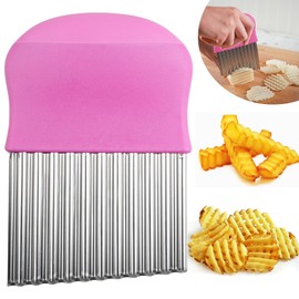 Crinkle Cutter for Veggies, Potato Fruit Wavy Chopper, Waffle Fry Cutter, French Fry Slicer, Stainless Steel Blade Cutting Tool, Pink