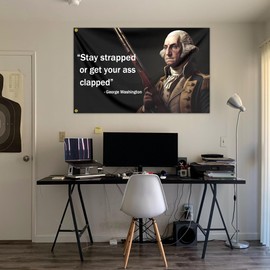 George Washington Flag Stay Strapped or Get Clapped Flag 3x5 Ft Funny Meme Quote Man Cave Flags for Room College Dorm Decor Bedroom or Home Office Wall Banner Tapestry Decor