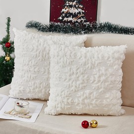 multiwins Christmas Pillow Covers 18" x 18" Set of 2, Soft Plush Faux Rabbit Fur with 3D Embroidery Snowflake Design, Throw Pillow Covers for Sofa, Winter Holiday Christmas Decor,Skin-Friendly