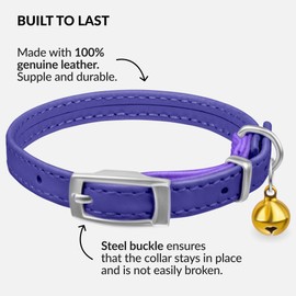 CollarDirect Leather Cat Collar with Bell - Kitten Collar, Small and Big Cat Collar for Boy Cats, Girl Cats with Safety Elastic Strap (Neck Fit 6"-7", Purple)