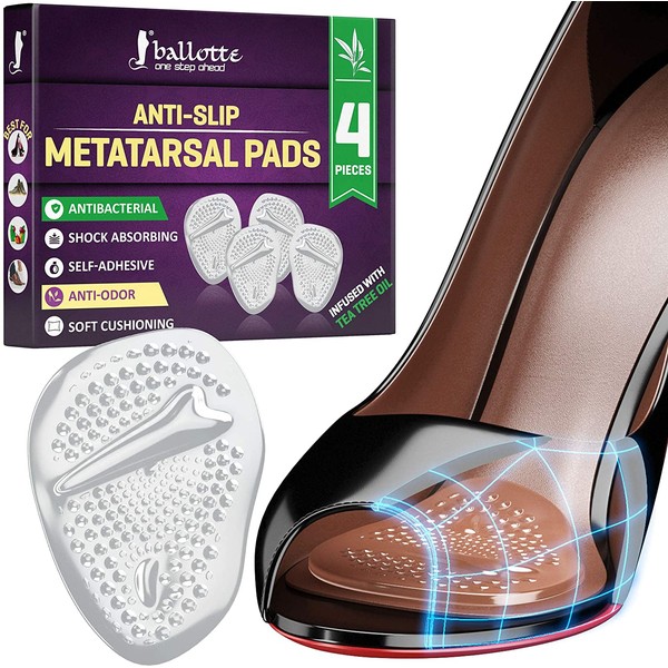 Soft Metatarsal Pads for Women and Men Infused with Tea Tree Oil [Anti-Slip Ball of Foot Cushions] Prevent Tension and Forefoot Pain, Strong Adhesive High Heel Inserts, Stop Calluses and Rubbing