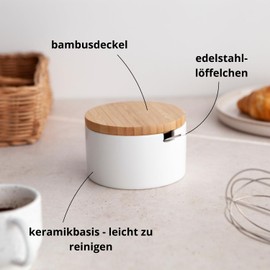 KOOK TIME Ceramic Sugar Bowl with Bamboo Spoon and Lid - Sugar Spoon for Home and Kitchen, Modern Ball Shape for Sugar, Cheese, Spices, 10 x 10 x 9 cm (White Round)