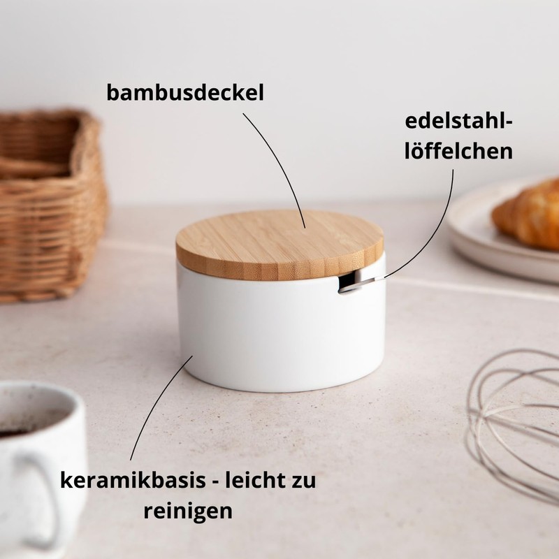 KOOK TIME Ceramic Sugar Bowl with Bamboo Spoon and Lid