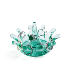Gala Houseware Solid Colored Glass Jewelry Organizer, 2.6” x 4.3”, Green, Crown Design with Storage Hooks and Dish, Perfect for your Vanity, Bedroom, Bathroom, and Kitchen