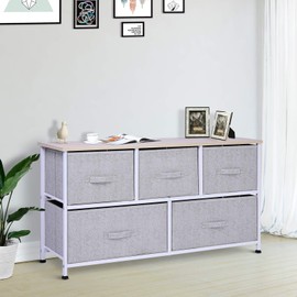 HOMCOM 40” L 5 Drawer Horizontal Storage Cube Dresser Unit Bedroom Organizer Livingroom Shelf Tower with Fabric Bins