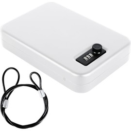 Portable Gun Safe for Handgun, Portable Lock Box for Guns and Valuables, Includes Lock Box, Security Cable, Small Single Safe for Travel, Office, Bedside, Camping, White