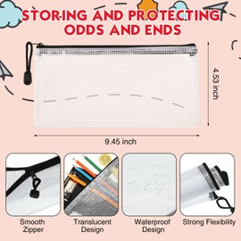 Handepo 100 Pack Mesh Zipper Pouch Pencil Pouches Bulk Clear File Bag Waterproof Document Pouch Multipurpose for Office Travel Puzzles Games Organizing (White Pouch Black Zipper, A6/9.45x4.53in)