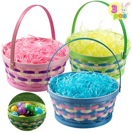 JOYIN 3-Piece Braided Bamboo Easter Basket with Tricolour Grass Paper Scraps, Easter Eggs Viking Basket with Handle for Picnics, Party Favours, Decorations