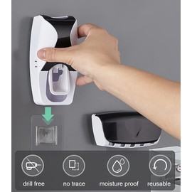 Automatic Toothbrush Dispenser Wall Mount Toothpaste Squeezer and Toothbrush Holder Set for Kids Family Bathroom Use (Black)