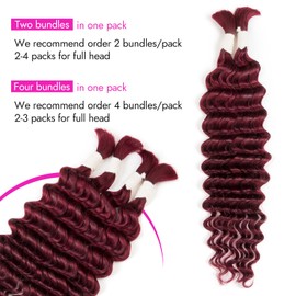 Human Braiding Hair Deep Water Wave 2 Bundles/Pack 50g 18 Inch, Burgundy Red Bulk Human Hair Braiding Hair for Boho Braids, Curly Wet and Wavy Bohemian Human Hair for Braiding Non Weft