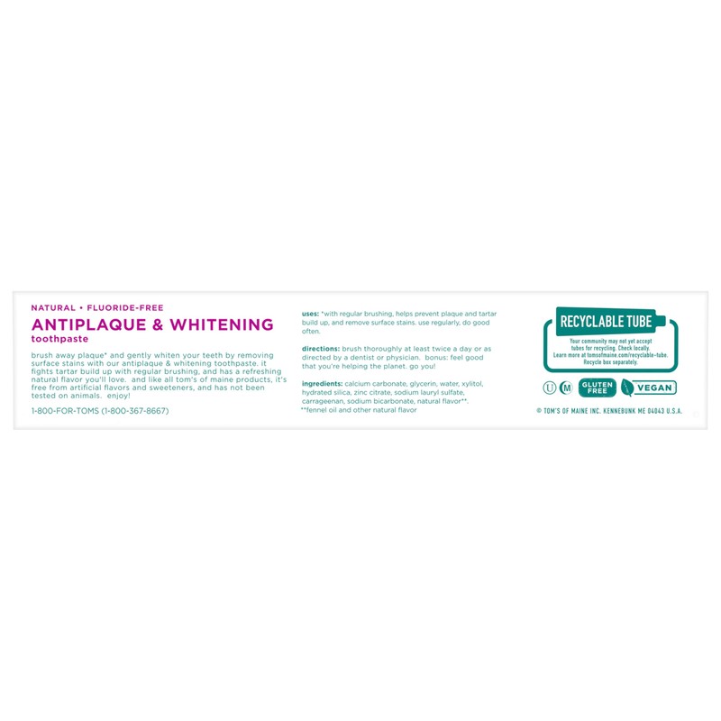 Tom's of Maine Fluoride-Free Antiplaque & Whitening Natural Toothpaste, Fennel,