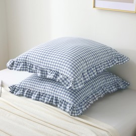 K MASANIJI 2 Pack Dust Blue White Plaid Ruffle Gingham Euro Pillow Shams 26x26 inches, 100% Cotton Checkered Farmhouse Decorative Bed Pillow Covers(26x26 in, Dust Blue/White Plaid)