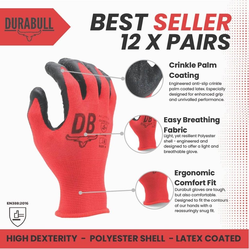 Durabull Latex Coated Work Gloves - Heavy Duty Protective Gloves