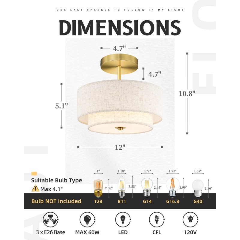 AUTELO Semi Flush Mount Ceiling Light, 12" Gold Light Fixtures