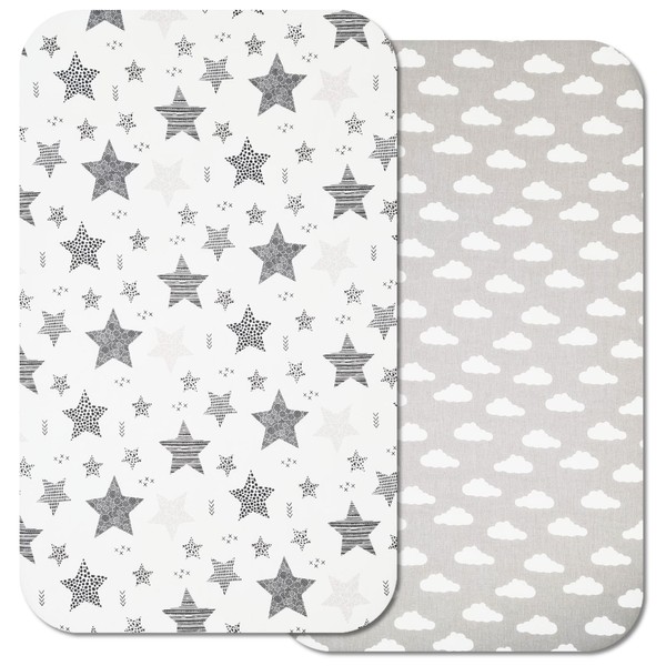 Next to Me Crib Sheets - 2pcs Baby Crib Sheets Set - 100% Organic Cotton to fit Bedside Cribs - Made in Europe – 83 x 50 cm (83x50cm, Grey Stars&Clouds)