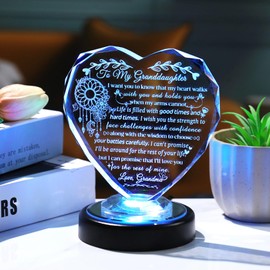 Crystal Granddaughter Gifts from Grandma Engraved Special Birthday Gifts for Granddaughter with Colorful Lights Base Glass Heart Ornament Presents for Granddaughter Christmas Graduation