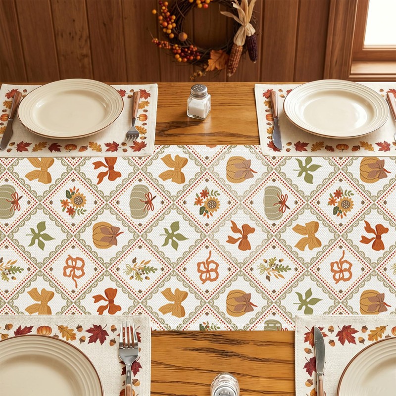 Baccessor Fall Pumpkin Bow Maple Leaf Table Runner Farmhouse 13x36