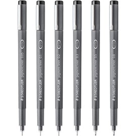 STAEDTLER 308 Pigment Liner Fineliner Pen - 0.05mm, 0.1mm, 0.2mm, 0.3mm, 0.5mm & 0.8mm Nibs - Black Ink - Pack of 6