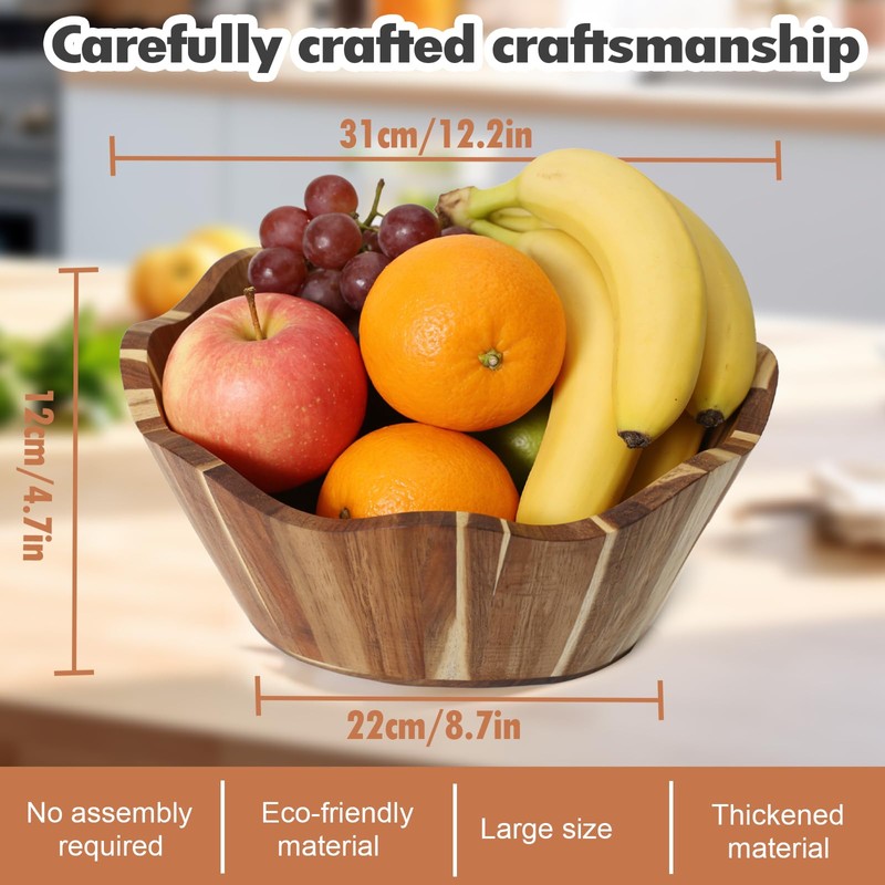 Wooden Fruit Bowl, Large Kitchen Counter Fruit Basket Storage