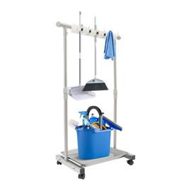 LINISHOP Broom and Mop Holder Cleaning Supplies Organizer Mop Organizer Height Adjustable 34.3-51.2in Freestanding Broom Holder w/4 Lockable Universal Wheels 5 Slots 6 Hooks for Home Restaurant Hotel