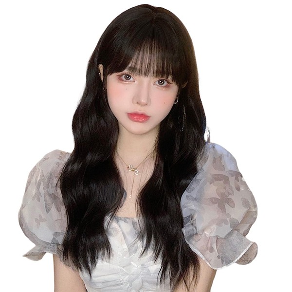 Exgox Long Curly Wig, Wavy, Curly Hair, Black Wig, Women's, Crossdressing, Full Wig, Small Face, Natural, Cute, Fashion, Harajuku, Heat Resistant, Net, Cosplay, Lolita, Daily Use, Net Included (Black Brown)