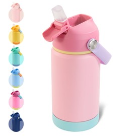 Kerilyn 12oz Insulated Water Bottle for Kids, Stainless Steel Insulated Kids Water Bottle, Toddler Cup with Straws Leak-Proof, Kids Water Bottles for School Boys Girls, BPA Free, Charm Pink