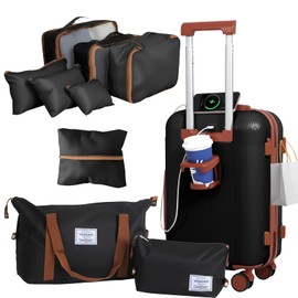 YANQIAO Luggage 10 Piece Set, 20″ Carry On Luggage with Suitcase Organiser, PC+ABS Hard Shell Suitcase, with Spinning Wheels, Suitable for Business Travel, Travel Essentials (Black)