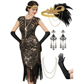 YESSA 1920s Flapper Dresses for Women Great Gatsby Dresses Roaring 20s Costumes Sequin Harlem Nights Dress with 20s Accessories Black-Gold