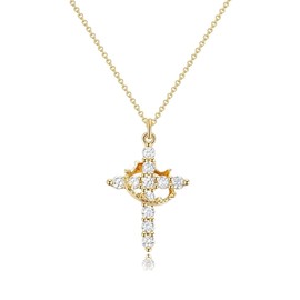 Upgraded Crown Cross Necklace for Mothers Day, Gifts for Mom Women 14K Gold Plated Crown Cross Pendant Necklace Simple Diamond Gold Necklaces Faith Cross Jewelry First Communion Necklace (Gold)