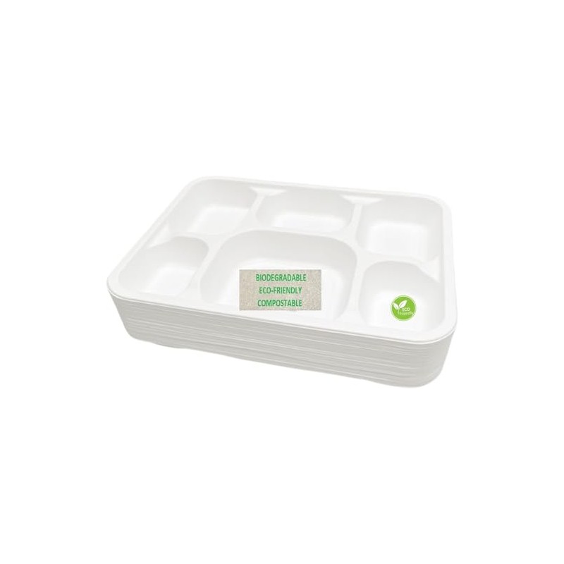 PACK OF 25 - 6 COMPARTMENT STRONG DISPOSABLE PLATES 32x22x5cm,
