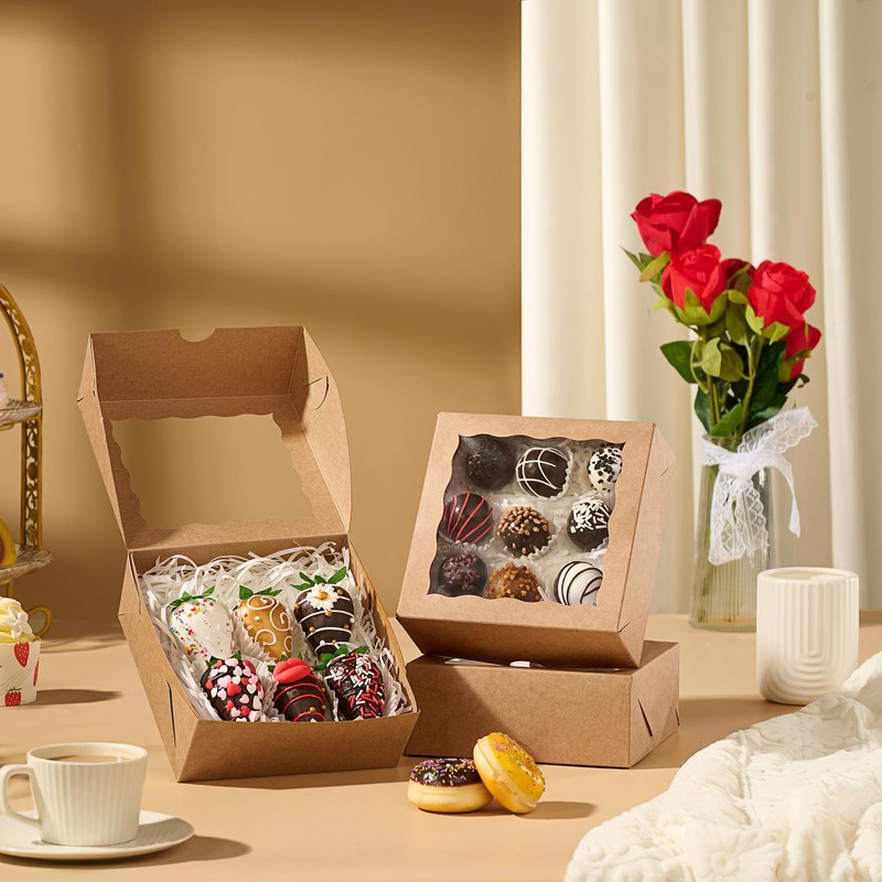 SLShePack 55pcs 6"x6"x2½ Brown Chocolate Covered Strawberries Boxes with Window